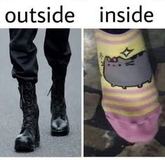 two pictures side by side, one with a cat on it and the other has a pair of black boots