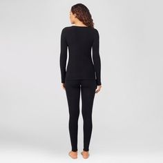 Warm Essentials by Cuddl Duds Women's Textured Fleece Thermal V-Neck Top - Black L Black Fitted Activewear For Winter, Winter Black Activewear With Thumbholes, Black Seamless Long Sleeve Activewear, Snug Fit Long Sleeve Activewear For Loungewear, Winter Solid Ribbed Activewear, Black Seamless Tops For Winter, Thermal Pants, Womens Thermal, Cuddl Duds