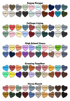 several hearts with different words and colors on the same page, each one has an image of