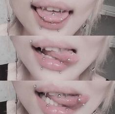 three pictures of a woman's mouth with piercings on her tongue and teeth