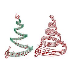 two christmas trees with musical notes on them