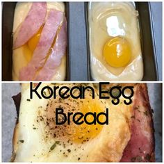 an egg and bacon breakfast is shown in two separate pans with the words korean egg bread