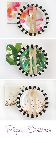 three plates with forks, spoons and napkins on them are arranged in the same pattern