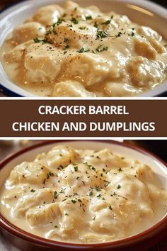 two pictures showing different types of chicken and dumplings