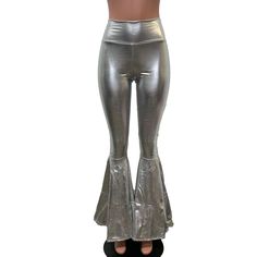 "*We are currently running a few days behind with orders. Thank you for your understanding and patience. **Due to SO MANY issues with USPS - we STRONGLY ENCOURAGE you to purchase the UPS Upgrade with your order located here: https://www.etsy.com/listing/926751536/ups-upgrade Made of shiny silver metallic spandex - these high-waisted bell bottoms will fit you perfectly. They hug your hips and flare out at the feet. The standard inseam is 34\" (the mannequin is 5'8\") but can be customized by putt Retro Bottoms For Night Out In Spring, Retro Bottoms For Spring Night Out, Retro Spring Bottoms For Night Out, Metallic Disco Bottoms For Spring, High Waist Disco Bottoms For Fall, Stretch High Waist Pants For Concert, High Waist Stretch Pants For Concert, Vintage Bottoms For Summer Party, Vintage Party Pants For Spring