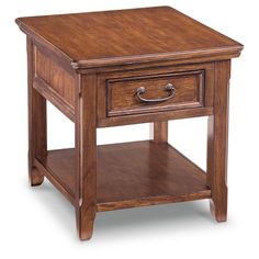 a small wooden table with two drawers on one side and an open drawer on the other