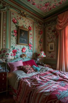 a bedroom decorated in pink and green with floral wallpaper on the walls, along with an ornate bed