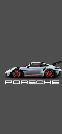 the porsche logo is shown on a gray background with red rims and black tires