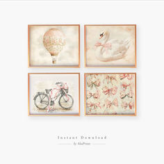 four framed pictures with swan, bicycle and hot air balloon in pastel pinks