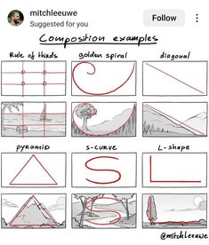 the steps in how to draw a landscape with different shapes and sizes, including lines