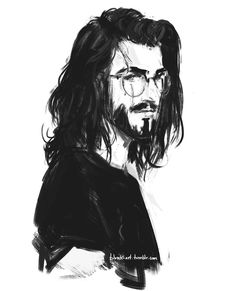 a black and white drawing of a man with long hair, glasses and a beard