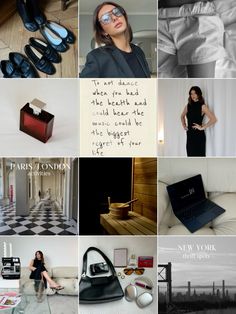 a collage of photos with women in black and white outfits, shoes, bags, and accessories