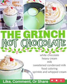 the grin hot chocolate is in a mug with whipped cream