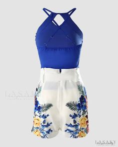 Lasaky - Floral print halter top and shorts set with bead decor and belt Blue Floral Print Halter Top For Summer, Blue Printed Halter Top For Summer, Party Beachwear Shorts For Spring, Halter Top And Shorts, Bead Decor, Top And Shorts Set, Chic Type, Floral Decoration, Halter Tops