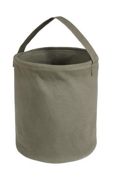 an empty canvas bag with handle on the top and bottom, in front of a white background