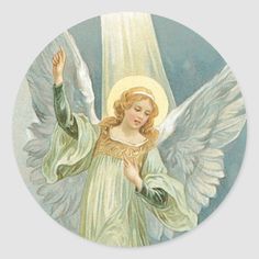 an angel with white wings and gold halo around it's neck, holding her hands in the air