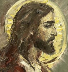 a painting of jesus with the sun behind him