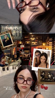 a collage of photos with different people and pictures on the wall behind them, including an image of a woman's face