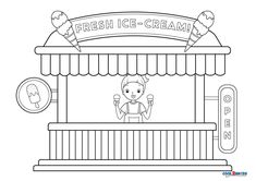 an ice cream shop with a cartoon character on the front and side, in black and white