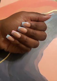 Nails Pastel Tips, Pink And Blue French Nails, Pink And Blue French Tips, Pink And Blue French Tip Nails, Pink And Blue French Tip Nails Short, Pastel Pink And Blue Nails, Blue Outlined French Tip Nails, Pastel French Tip Nails, Blue French Tip Nails Pink Base