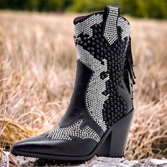 These Rhinestone Cowboy Boots For Women Are Designed With Embroidered And Stitching, Pointed Toe, Rivet, Flat With Chunky Heel, Anti-Skid Rubber Sole. Pull-On Cowboy Boots With Side Zipper Design, Easy To Put On And Take Off. Height Of Heel 9.5cm/ 3.74 In. The High Heel Height Is Easy To Match. These Women's Ankle Boots & Booties Are Worn By Comfort/ Breathable/ Warm. Western Boots With Rhinestone Fringe For Fall, Western Rhinestone Fringe Boots For Fall, Embellished Festival Boots For Fall, Winter Boots With Rhinestone Fringe, Western Boots With Rhinestone Fringe And Round Toe, Black Western Boots With Rhinestone Rivets, Western Party Boots With Fringe, Leather Party Boots With Rhinestone Fringe, Party Leather Boots With Rhinestone Fringe