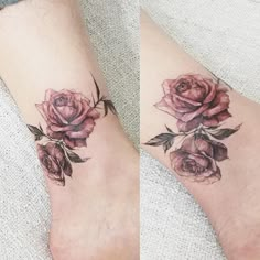 two tattoos on the legs of people with roses