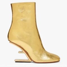 Gold Leather Ankle Boot With Sculpted Diagonal F-Shaped Heel In Gold-Colored Metal. New / Unworn. Box And Dust Bag Included. Fendi Boots Outfit, Fendi First, Fendi Boots, Velvet High Heels, Fendi Store, Leather High Heel Boots, Fendi Shoes, Leather High Heels, Shoe Show