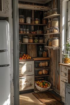 an old fashioned kitchen with lots of food in it