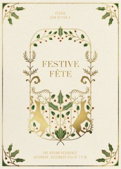 the festive fete flyer is shown in gold, green and white with holly leaves