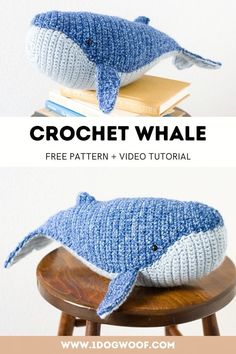 a crochet whale pillow sitting on top of a wooden stool next to a book