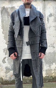 Designer Handmade coat made from high-quality wool.  ■ A7Studio is your perfect choice for incredible & unique style. Each item is made to order according to the size you pick, we do not hold stock. ■ SIZING ■ This piece comes in sizes from S to 4XL, ■ Men's SIZE CHART ■ Size S - US 6, UK 10, Europe 38 Bust: around 34 - 35.5 in / 86 - 90 cm Waist: around 29 - 30.5 in / 74 - 78 cm Hips: around 34 - 36.5 in / 86 - 90 cm Height: around 5'9" / 175 cm Size M - US 8, UK 12, Europe 40 Bust: around 36.5 Gray Sweater Coat For Fall, Modern Black Cardigan For Winter, Black Wool Coat With Shawl Collar For Winter, Modern Wool Cardigan For Winter, Black Wool Outerwear With Shawl Collar, Modern Long Sweater Coat For Winter, Modern Gray Winter Outerwear, Mens Black Vest, Cardigan Handmade