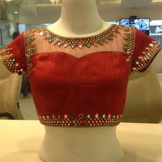 Boat Neck Mirror Work Designs, Boat Neck With Net Blouse, Transparent Blouse Design, Salwar Ideas, Desi Suits, Blouse With Mirror Work, Mirror Work Saree Blouse, Net Saree Blouse Designs, Mirror Blouse