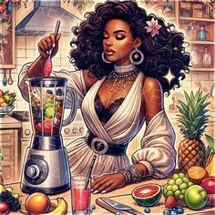 a painting of a woman making a smoothie in a blender surrounded by fruits and vegetables