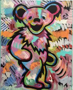 an abstract painting of a teddy bear with multicolored paint strokes on it's body