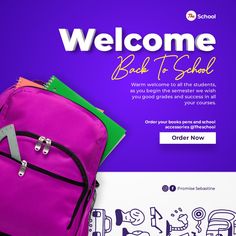 School bag, purple background and texts Stationary Banner Design, School Social Media Post, Sample Flyers, Stationary Brand, Project 50, Free Flyer Design, Advert Design, Cricket Logo, School Academy