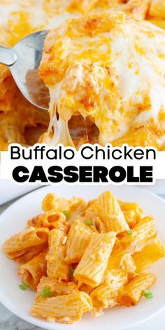 buffalo chicken casserole on a white plate with a spoon in it and the title overlay reads buffalo chicken casserole