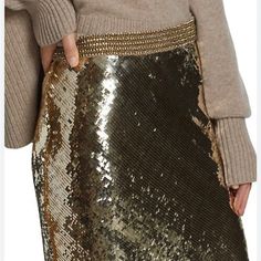 The Lavie Midi-Skirt By Veronica Beard Shines In Glittering Sequins. Banded Waist Side Zip Closure 100% Polyester Lined Spot Clean Imported Silver Sequin Skirt, Gold Skirt, Gold Sequins, Silver Sequin, Veronica Beard, Side Zip, Sequin Skirt, Midi Skirt, Sequin