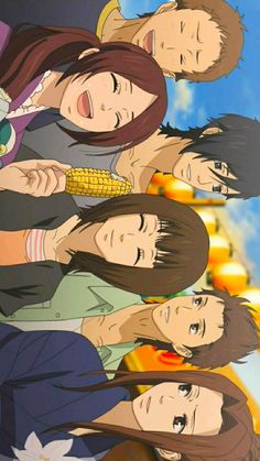 an anime scene with four people standing together and one is holding a corn cob