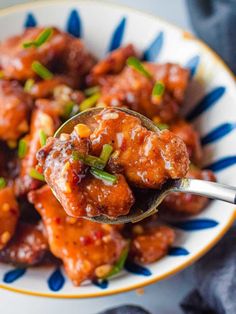 a spoon full of meat with sauce and green onions on it, in a blue and white bowl