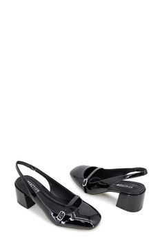 A cushioned footbed brings day-long comfort to this desk-toe-dinner pump framed by a square toe and secured by an elastic slingback strap. Synthetic upper and lining/rubber sole Imported Black Medium Width Ankle Strap Slingback Pumps, Black Slingback Pumps With Padded Heel And Square Toe, Modern Black Slingback Sandals For Office, Black Slingback Pumps With Padded Heel, Black Synthetic Slingback Pumps With Padded Heel, Modern Black Slingback Pumps With Square Toe, Modern Black Square Toe Slingback Pumps, Modern Black Slingback Heels, Modern Black Synthetic Slingback Pumps