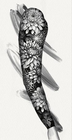 a black and white tattoo design with flowers on the arm is shown in this image