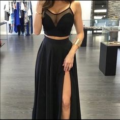 Two Piece Black Prom Dress With Mesh Illusion Neckline. Never Worn! Skirt Has Cute Slit In It. Would Be Perfect For Any Formal Event! 2 Piece Formal Dresses, Two Piece Evening Dresses, Spaghetti Strap Prom Dress, Prom Dresses Two Piece, Prom Dresses Modest, Black Prom Dress, Black Prom, Piece Prom Dress, Chiffon Prom Dress