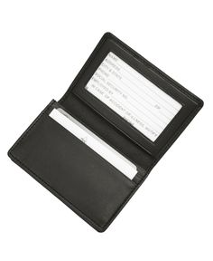 This slim genuine leather card holder features an interior window Id section, outside pocket for bus or metro pass and 2 interior pockets for credit cards. The fully gusseted interior pocket holds up to 20 business cards. Classic Trifold Card Holder With Id Window, Formal Leather Card Holder With Id Window, Classic Bifold Card Holder With Id Window, Leather Card Holder With Id Window For Formal Use, Classic Card Holder With Id Window For Daily Use, Formal Trifold Wallet With Id Window, Classic Travel Card Holder With Id Window, Black Trifold Card Holder With Interior Slots, Formal Black Trifold Wallet With Id Window