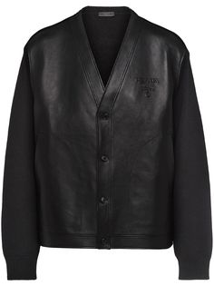 Prada logo-embossed Cashmere Cardigan - Farfetch Black Business Sweater For Fall, Luxury Winter Sweater For Workwear, Luxury Black Blazer With Button Closure, Designer Black Leather Blazer, Luxury Fall Cardigan, Luxury Leather Outerwear With Concealed Fastening, Luxury Cardigan For Workwear, Luxury Outerwear For Winter Layering, Luxury Black Leather Blazer