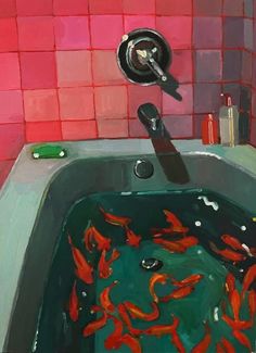 a painting of goldfish in a bathtub with red tiles on the wall behind it