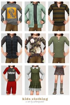 six different types of clothes for children and adults, all in various colors with the same pattern