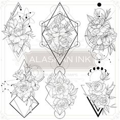 an image of flowers and geometric shapes in black and white, with the words alaska ink