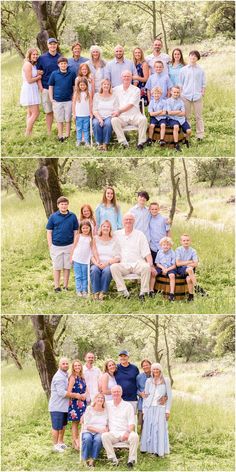 the family is posing for a photo in front of some trees and grass with their arms around each other