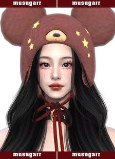 a woman with long black hair wearing a bear hat and red ribbon around her neck