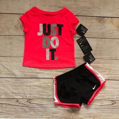 Bright Pink Just Do It Tee With Matching 3-Tone Shorts Nike Sets With Letter Print And Short Sleeve, Sporty Playwear Sets With Letter Print, Cute Red Sets With Letter Print, Playful Nike Sports Sets, Sporty Pink Sets With Letter Print, Pink Short Sleeve Sports Set, Playful Nike Playwear Sets, Nike Pink Short Sleeve Sets, Nike Sporty Sets For Playtime